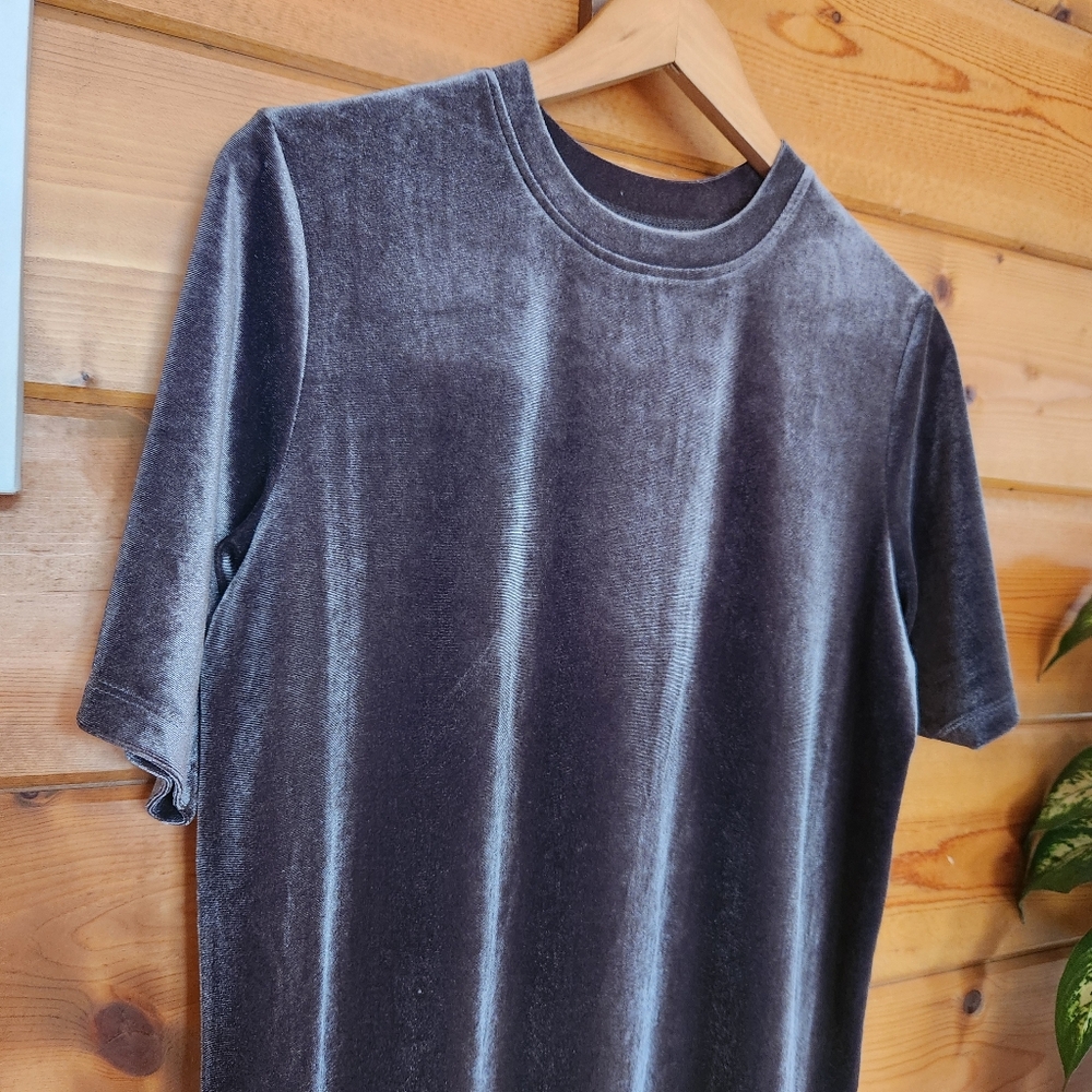 Mud Pie Bennett Gray Velvet Short Sleeve Tshirt Knee Length Dress Soft Sz Small - Picture 2 of 7